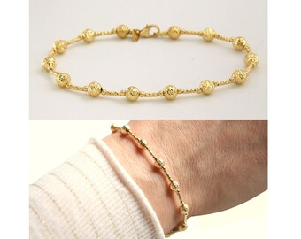 Bracelet Italien En Or 18 Carats Jaune, Blanc Et Rose - Perles Grain De Balles, Longueur 18-19 Cm, Neuf
