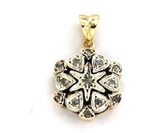 14k Gold and Diamond Pendant, Diamond Cluster Pendant, Rose Cut Diamond Pendant, Antique Style Pendant, Gold Pendant Italy