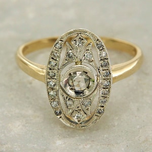 Art Deco style Ring, 14k Gold and Diamond Ring, Antique Style Ring, Italian Gold Ring