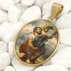 Gold Saint Christopher Pendant, Gold St Christopher Medal, San Cristobal Gold Pendant, 14k Gold Porcelain Medal, Gold Religious Pendants