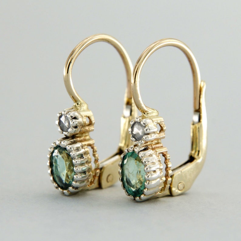 14k Gold Emerald Earrings Emerald Diamond Earrings Green Etsy