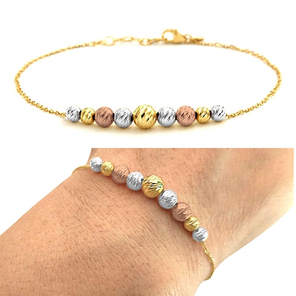 Bracelet en Or Jaune Blanc Rose 18k Grain, Bracelet Or Balles Diamanté, Bracelet Spheres, Bracelet Or 18 Carats, Bijoux Italiens