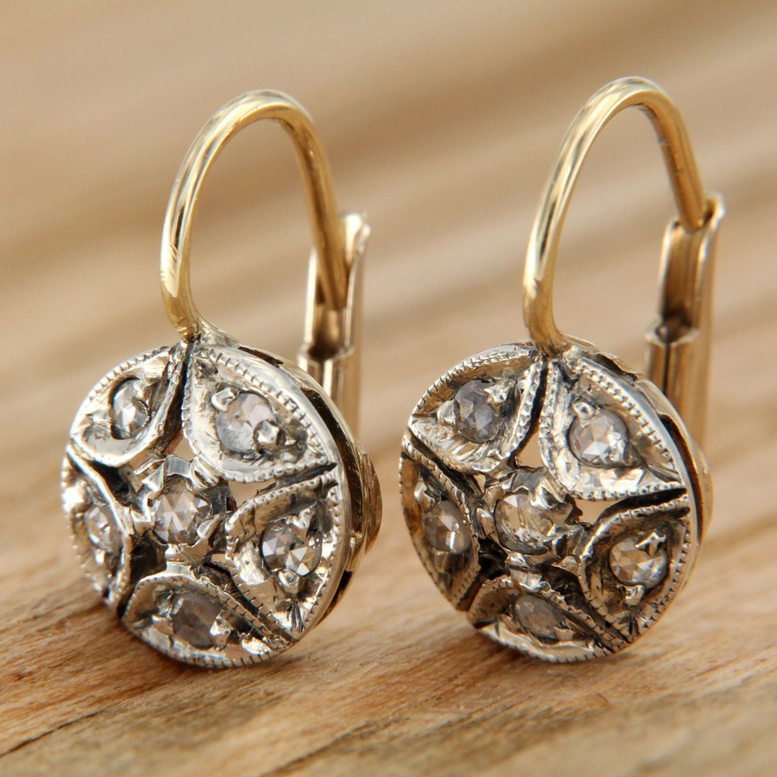 14 k Gold and Diamond Earrings Antique Style Earrings Etsy