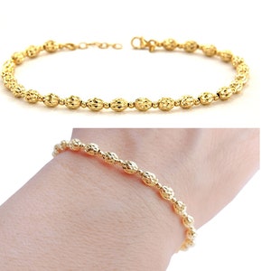 18k Gold Beaded Bracelet, 18k Gold Ball Bracelet, Diamond Cut Bracelet, Gold Bracelet Adjustable, Gold Italian Bracelet, Real Gold Bracelet