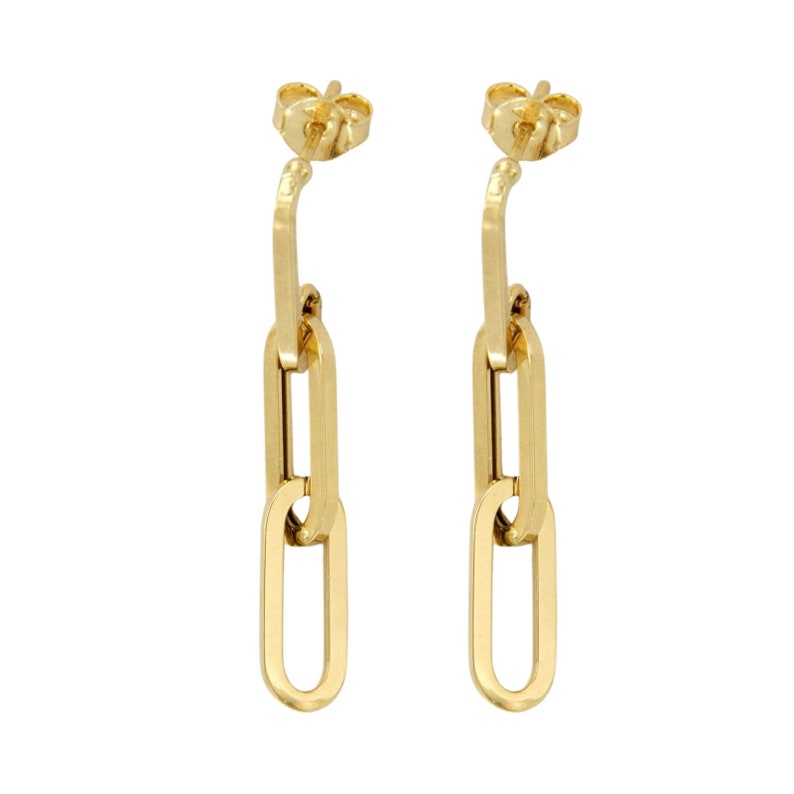 May include: A pair of gold chain link earrings with a simple oval design. The earrings are made of a single chain link with a smaller oval link attached to the top.
