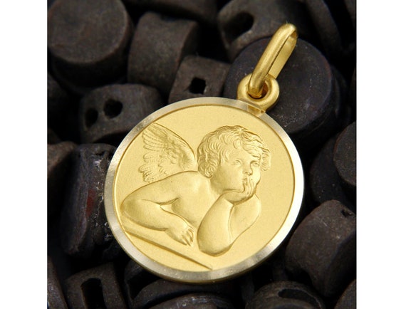 Gold Angel Pendant, Gold Cherub Pendant, Guardian Angel Medal, 18k Gold Pendant, Solid Gold Pendant, Unoaerre Gold, Italian Jewelry