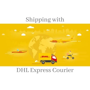 May include: A yellow background with a globe, a truck, a plane, and a scooter, all with the DHL logo. The text "Shipping with DHL Express Courier" is at the bottom of the image.