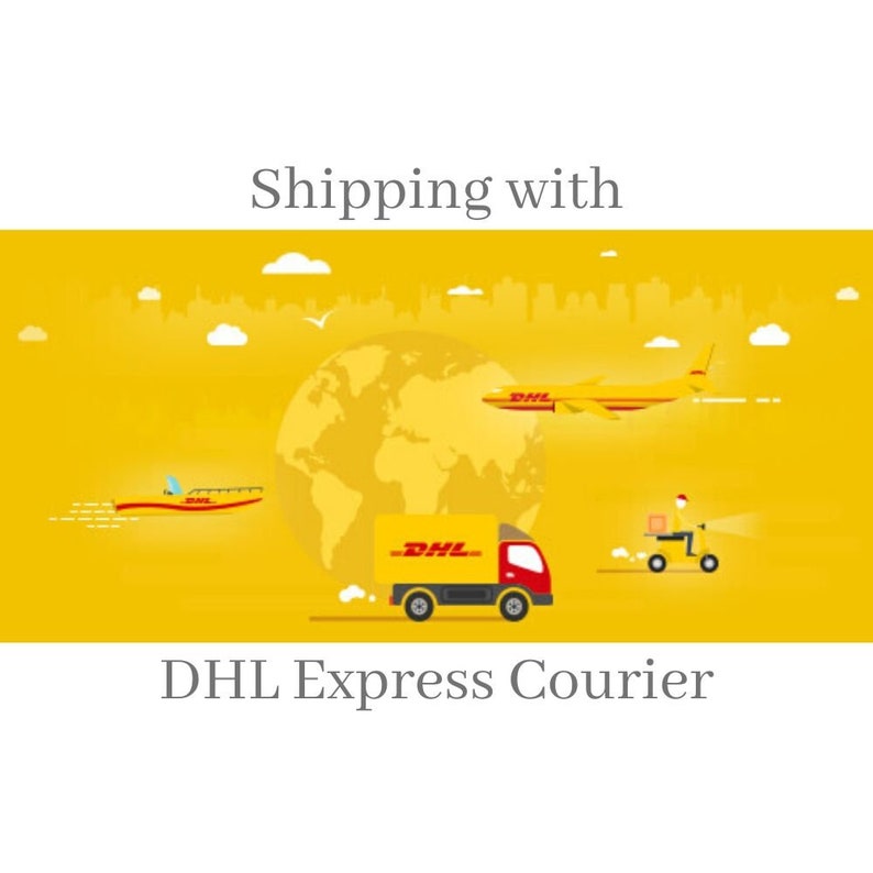 May include: A yellow background with a globe, a truck, a plane, and a scooter, all with the DHL logo. The text "Shipping with DHL Express Courier" is at the bottom of the image.