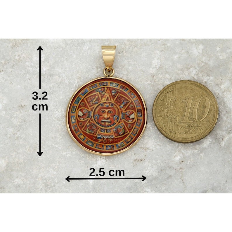 Pendentif Calendrier Maya en Or 14 Carats er Porcelaine, Medaille Calendrier Aztèque, Pendentif Artisanel, Bijoux Italiens image 6