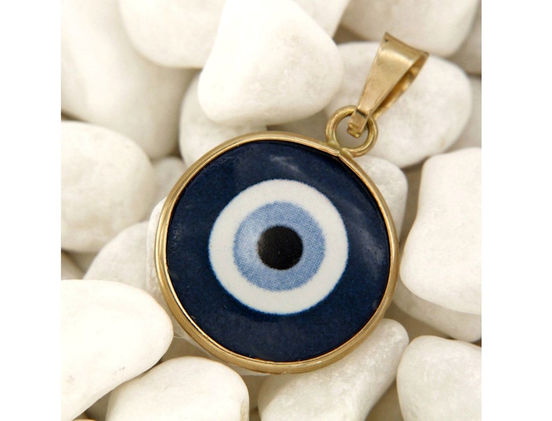 Pendentif Oeil Grec, Pendentif en OR Jaune 14 k et Porcelaine, Pendentif Oeil Turc, Pendentif Oeil Bleu, Pendentif Porte Bonheur image 1