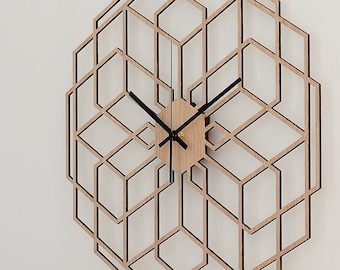 Rustic Wall Clock - Minimalist Wall Clock, Wood Wall Clock Hexaflower, Living Room Clock, Geometric Decor, Silent Natural Oak Clock