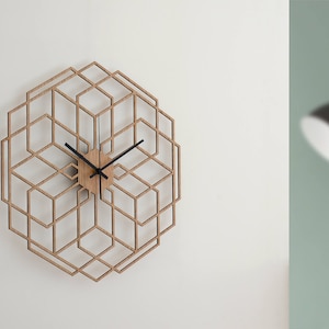 Minimalistische Wanduhr - Holzuhr Hexaflower, Wohnzimmeruhr, geometrisches Dekor, stille natürliche Eichenuhr, rustikale Wanduhr