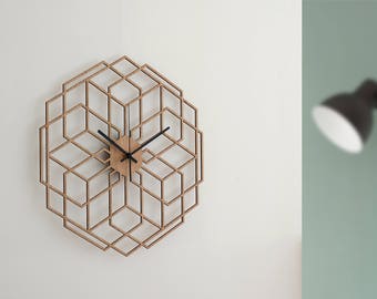 Minimalist Wall Clock - Wood Wall Clock Hexaflower, Living Room Clock, Geometric Decor, Silent Natural Oak Clock, Rustic Wall Clock