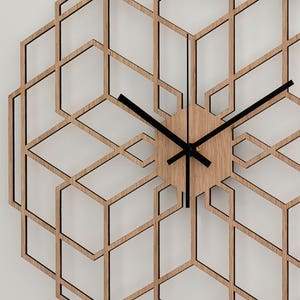 Minimalist Wall Clock - Wood Wall Clock Hexaflower, Living Room Clock, Geometric Decor, Silent Natural Oak Clock, Rustic Wall Clock