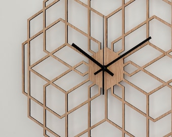 Minimalist Wall Clock - Wood Wall Clock Hexaflower, Living Room Clock, Geometric Decor, Silent Natural Oak Clock, Rustic Wall Clock