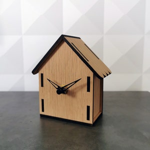 Naural Oak Desk Clock CUTE HUT - Small House Shape Wooden Table Clock, Original Table Clock, Clock for Office