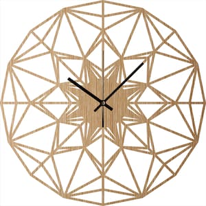 May include: A wooden wall clock with a geometric design. The clock face is made of wood and has black hands. The clock is 12 inches in diameter.