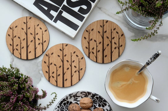 Round Wooden Coasters for Drinks forest, Set of 4 Wood Coasters