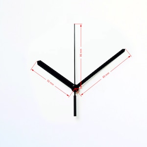 May include: Black clock hands with measurements in inches. The hour hand is 8.6 inches long, the minute hand is 8.5 inches long, and the second hand is 5.2 inches long.