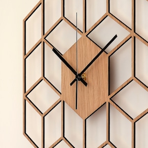 Cube Inspired Wooden Wall Clock, Silent Non Ticking Wood Clock, Minimalist Geometric Clock, Kitchen - Living Room - Bedroom Decor