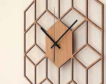 Cube Inspired Wooden Wall Clock, Silent Non Ticking Wood Clock, Minimalist Geometric Clock, Kitchen - Living Room - Bedroom Decor