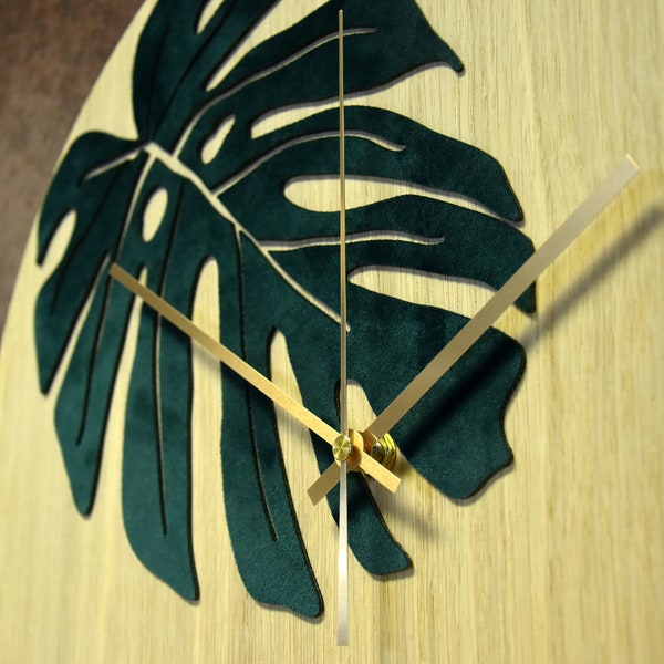 Monstera Wall Clock - Large Modern Wall Clock with Monstera Leaves - Silent Wooden Clock - Cozy Home Decor - Large Clock with Velvet Details