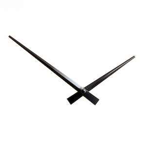 May include: Black clock hands, one long and one short, are crossed at the center of a clock face. The hands are made of metal and have a matte finish.