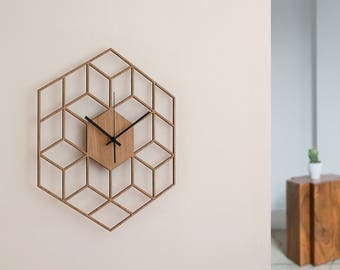 Cube Inspired Wooden Wall Clock, Silent Non Ticking Wood Clock, Minimalist Geometric Clock, Kitchen - Living Room - Bedroom Decor