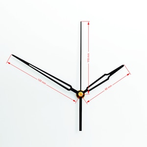 May include: Black clock hands with gold accents. The hour hand is 120 mm long, the minute hand is 115 mm long, and the second hand is 80 mm long.