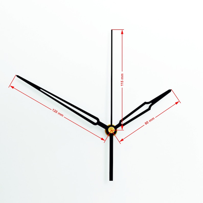 May include: Black clock hands with gold accents. The hour hand is 120 mm long, the minute hand is 115 mm long, and the second hand is 80 mm long.