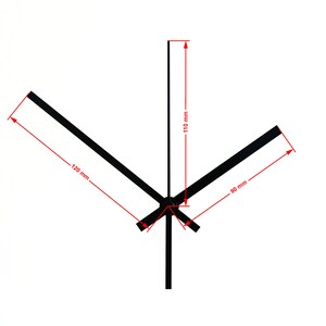 May include: Black clock hands with measurements in inches: 110 mm, 120 mm, and 90 mm.