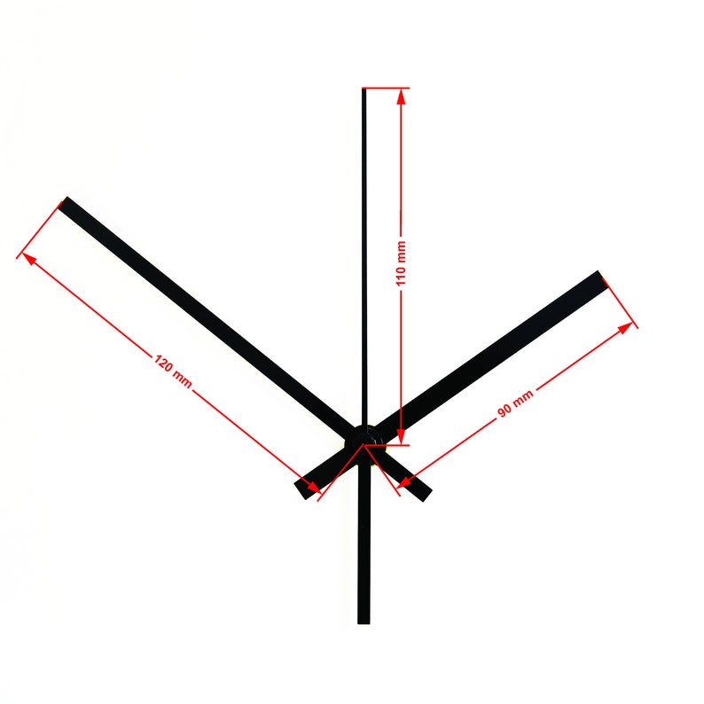 May include: Black clock hands with measurements in inches: 110 mm, 120 mm, and 90 mm.