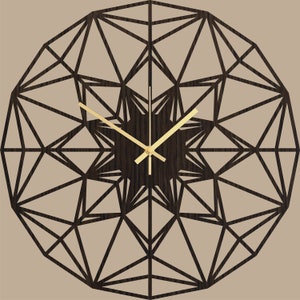 May include: A geometric wooden wall clock with a dark brown finish. The clock features a complex, openwork design of interconnected triangles and lines, forming a circular pattern. Gold-colored clock hands point to the time against a dark brown center.