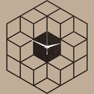 May include: A black and white geometric clock with a wooden center. The clock face is made up of a series of overlapping squares that create a three-dimensional effect.