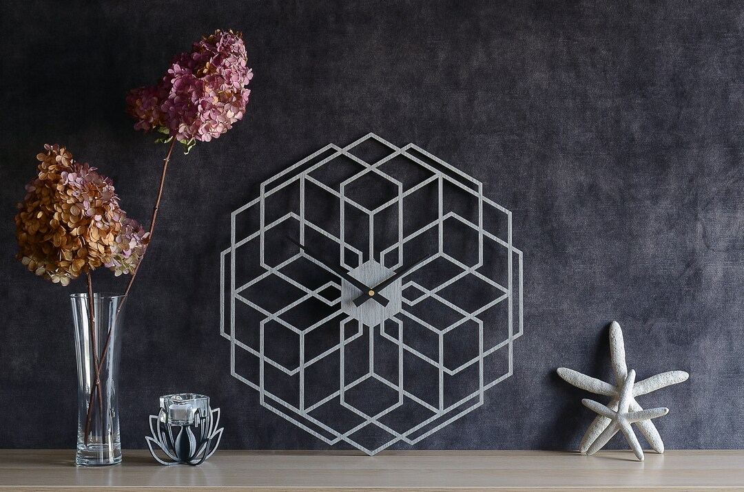 Large Wall Clock, Geometric Abstract Hexagon Clock, Gray Minimalist ...
