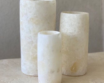 ALABASTER Handcrafted CANDLE HOLDER White Alabaster Candle Holder. Tea Light Candle Holder. Egyptian Arabic Alabaster cylinder shape