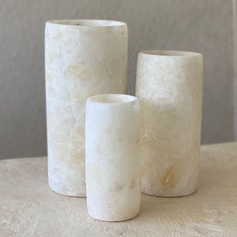 ALABASTER Handcrafted CANDLE HOLDER White Alabaster Candle Holder. Tea Light Candle Holder. Egyptian Arabic Alabaster cylinder shape