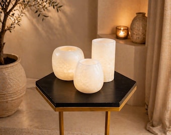 Juego de 3 portavelas de alabastro blanco. Portavelas de alabastro blanco. Portavelas para velas de té. Piedra natural de alabastro.