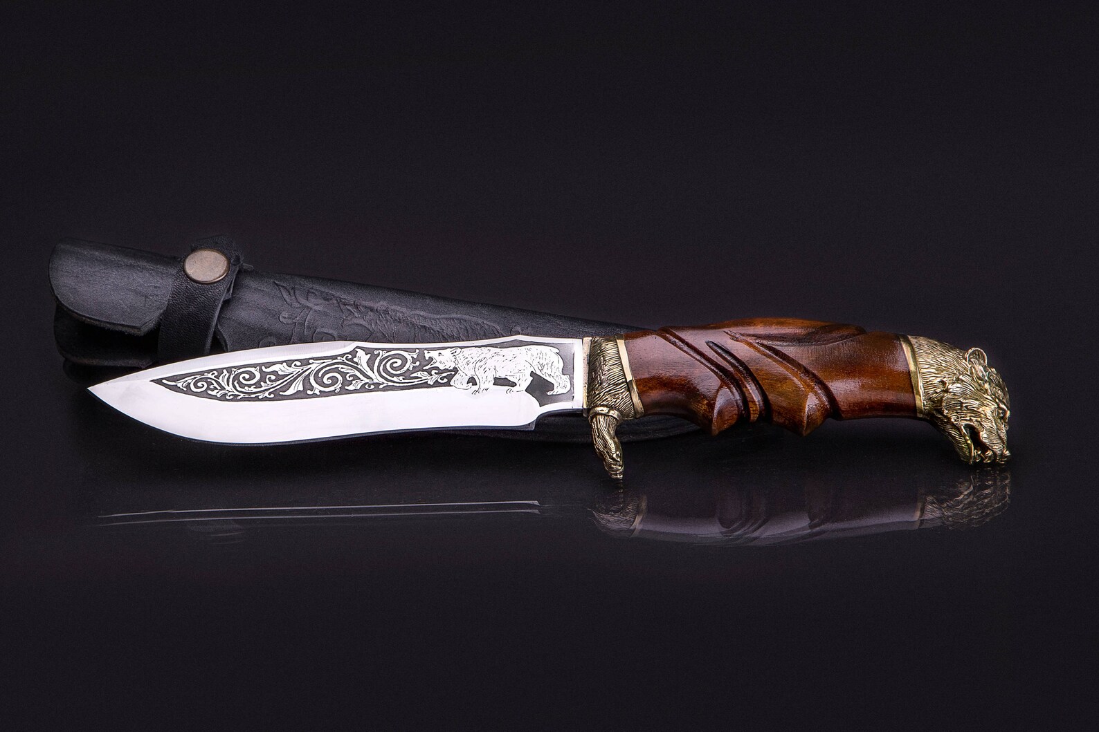 Engraved Bear Hunter Knife with Brass Bolsters & Sheath Etsy
