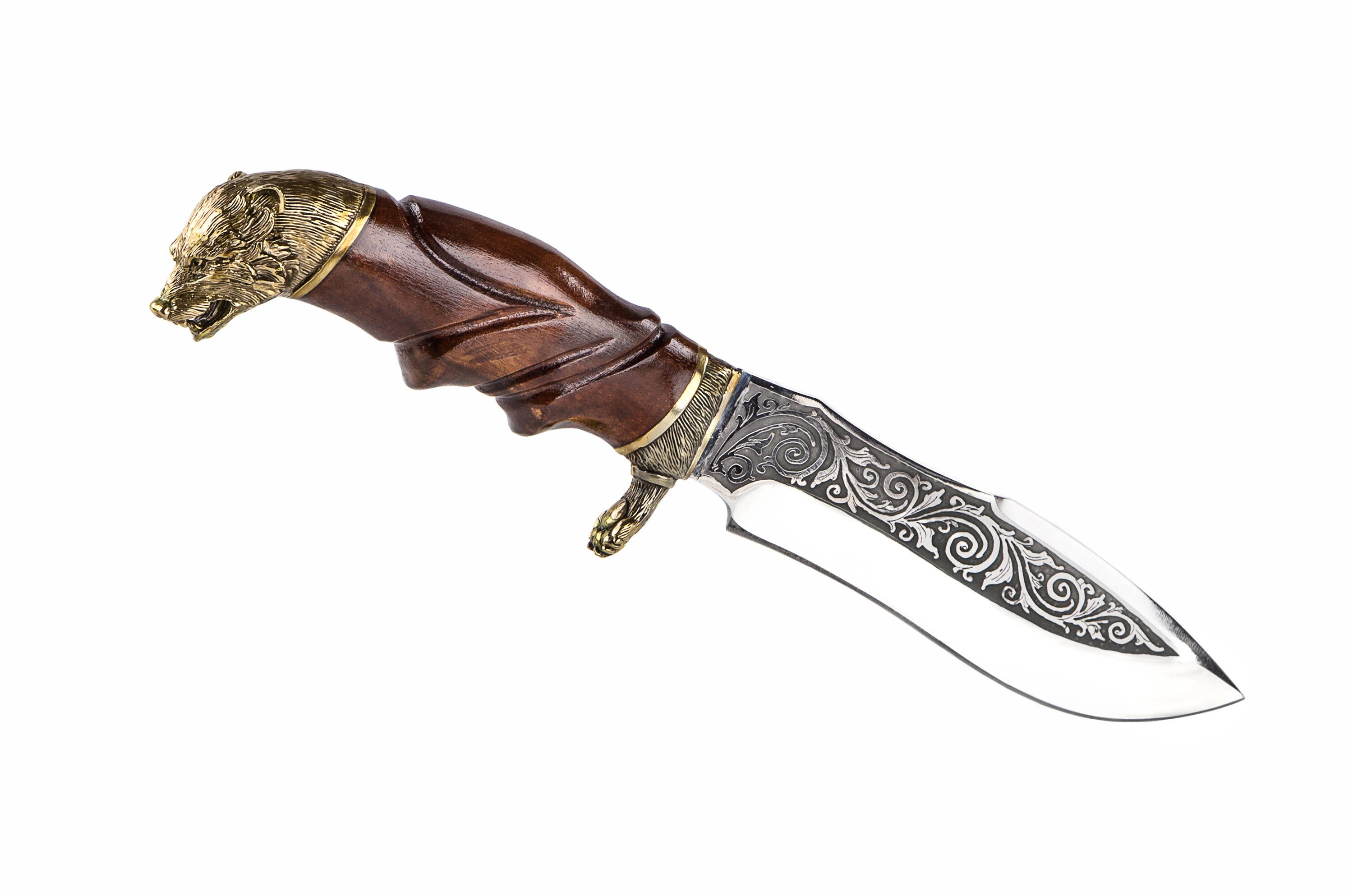 Engraved Bear Hunter Knife with Brass Bolsters & Sheath Etsy