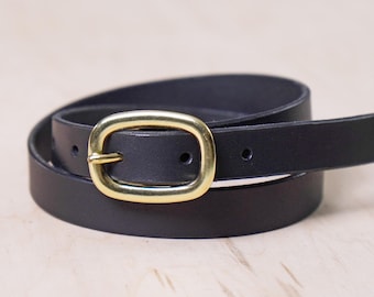 Women's Leather Belt with Oval Buckle - Handmade, Full Grain: Black, Dark Brown, Tan