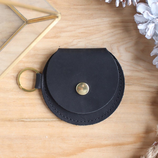 Mini Leather Circle Pouch, Personalized: Small Coin Purse with Keychain, Multiple Colors