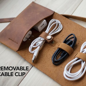 Leather cable and cord organiser, removable cord keeper