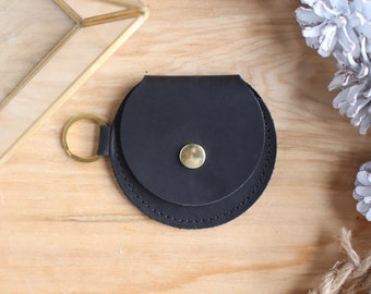 Mini Leather Circle Pouch, Personalized: Small Coin Purse with Keychain, Multiple Colors