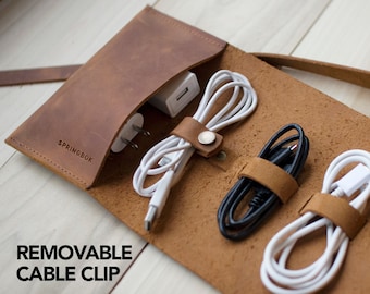 Leather cable and cord organiser, removable cord keeper