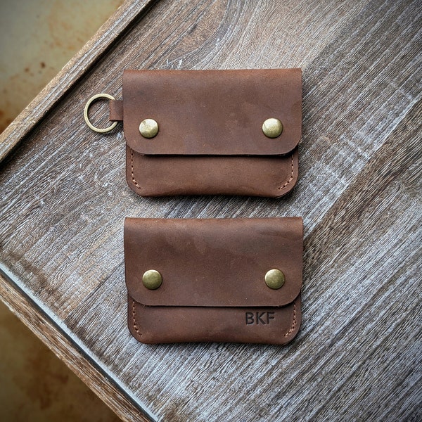 Personalized Minimalist Leather Card Wallet, Coin Pouch, Holder, Key Chain