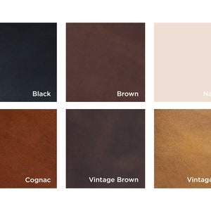 May include: Six leather swatches in different colors: black, brown, natural, cognac, vintage brown, and vintage tan.