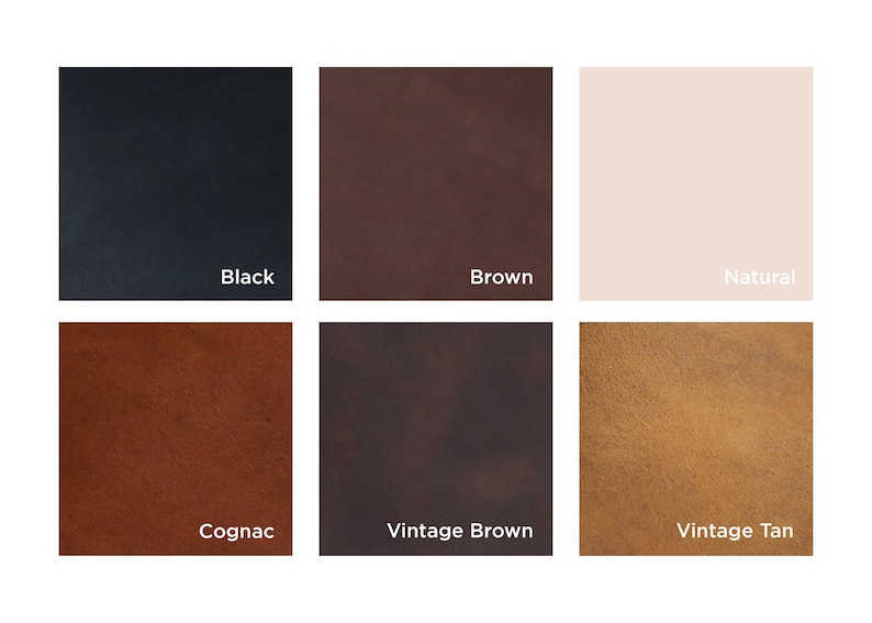 May include: Six leather swatches in different colors: black, brown, natural, cognac, vintage brown, and vintage tan.