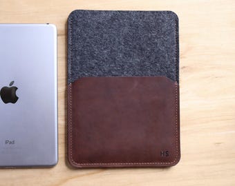 iPad Mini Sleeve with Pocket: Handmade, Personalized Leather and Wool Tablet Cover for iPad Mini