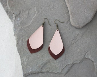 Leather Earrings: Layered Drop Leaf Style, Boho, Handmade, Multiple Colors